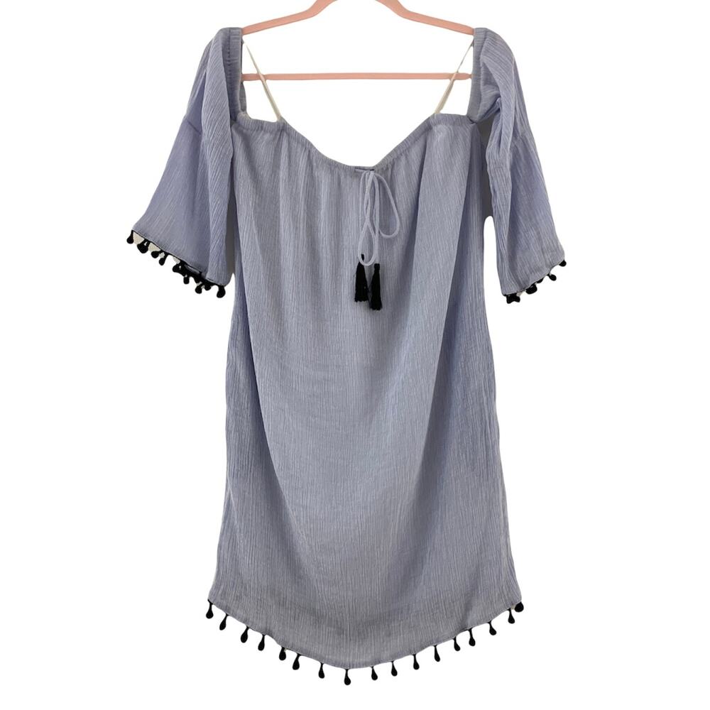 LUSH Blue Off the Shoulder Mini Dress with Black Pom Pom Trim Medium